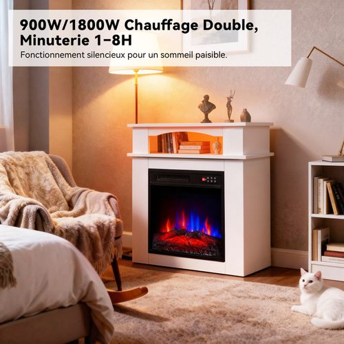18'' Cheminée Électrique, 900/1800W, Flamme 3D, Bandeau LED, Meuble Incluse