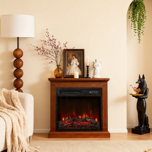 18'' Cheminée Électrique, 900/1800W, Flamme 3D, Bandeau LED, Meuble Incluse en marron