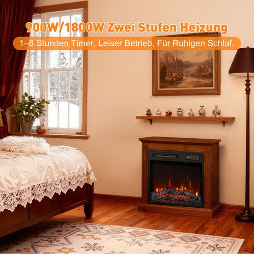 18'' Cheminée Électrique, 900/1800W, Flamme 3D, Bandeau LED, Meuble Incluse en marron