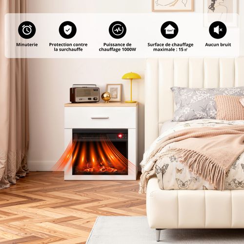 14'' Cheminée Électrique, 1000W, Flamme 3D, Table de Chevet Incluse