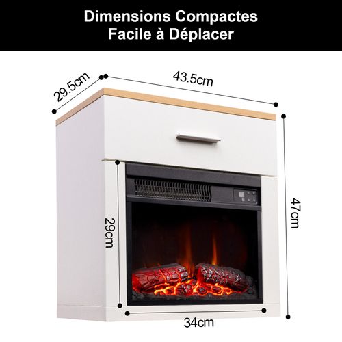 14'' Cheminée Électrique, 1000W, Flamme 3D, Table de Chevet Incluse