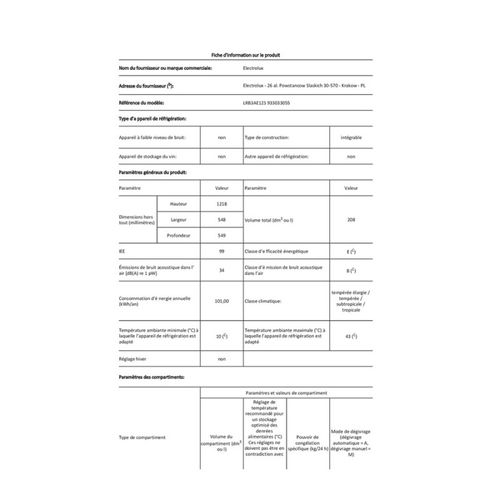Réfrigérateur 1 Porte  Encastrable Lrb3ae12s