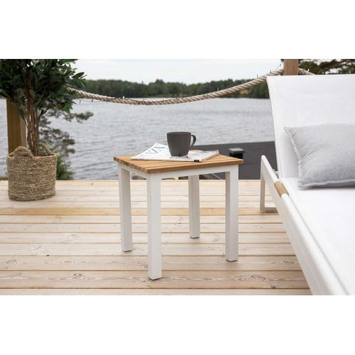 Petite Table D'appoint Extérieure Carré En Alu Et Teck Mexico Blanc