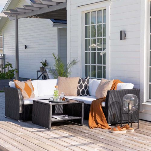 Ensemble Canapé D'angle Et Table Basse En Résine Tressée Haiti Noir Et Beige