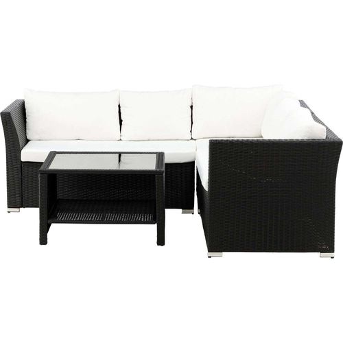 Ensemble Canapé D'angle Et Table Basse En Résine Tressée Haiti Noir Et Beige