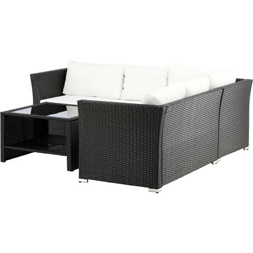 Ensemble Canapé D'angle Et Table Basse En Résine Tressée Haiti Noir Et Beige