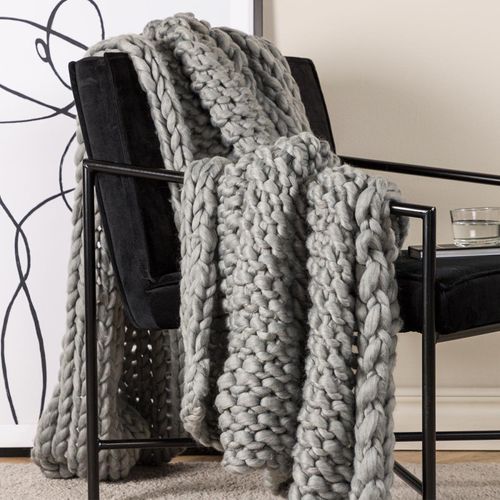 Jeté De Canapé Plaid Grosse Maille En Polyester Kate 170 X 130 Cm Gris