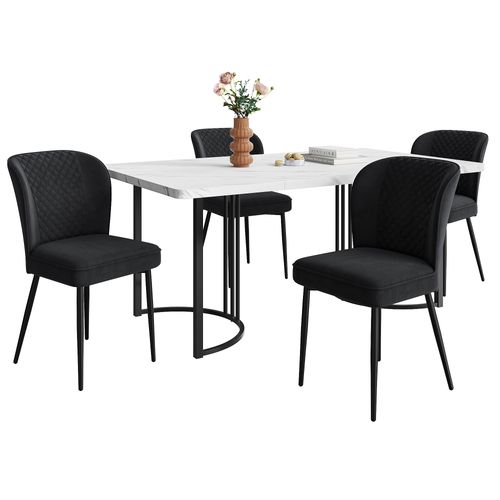 Ensemble Table Et Chaises, Mdf Blanc, Chaises En Velours Noir, Pieds Noirs, 140×80 Cm