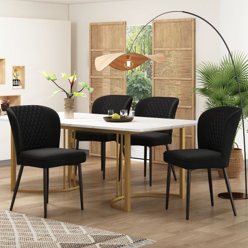 Ensemble Table Et Chaises, Mdf Blanc, Chaises En Velours Noir, Pieds Dorés, 140×80 Cm