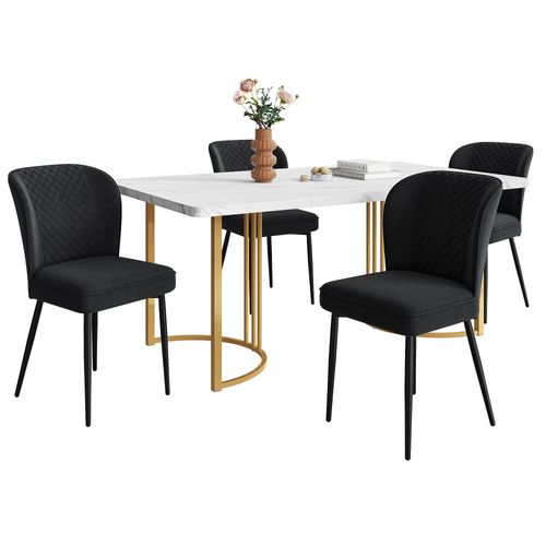 Ensemble Table Et Chaises, Mdf Blanc, Chaises En Velours Noir, Pieds Dorés, 140×80 Cm