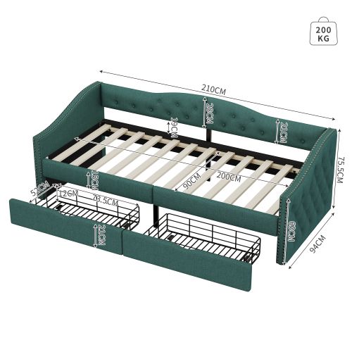 Lit Simple 90x200 Cm Avec Tiroirs De Rangement - Gris