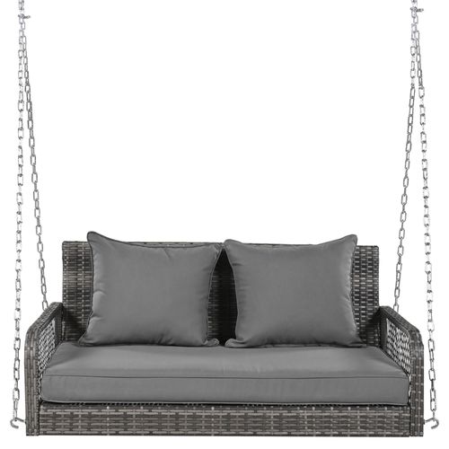 Balançoire De Jardin, Rotin Gris, Double Assise Avec Siège Et Coussins, Housse Grise