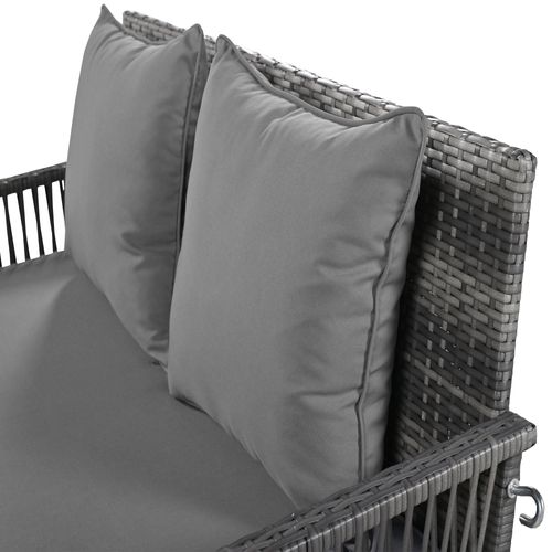 Balançoire De Jardin, Rotin Gris, Double Assise Avec Siège Et Coussins, Housse Grise