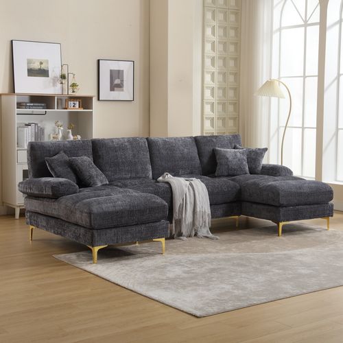 Canapé Sectionnel En U En Chenille Avec Double Méridienne, Design Moderne, Beige, Pour Salon