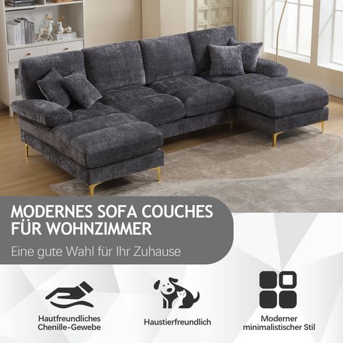 Canapé Sectionnel En U En Chenille Avec Double Méridienne, Design Moderne, Beige, Pour Salon