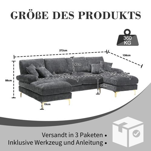 Canapé Sectionnel En U En Chenille Avec Double Méridienne, Design Moderne, Beige, Pour Salon