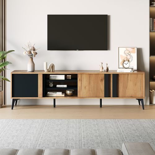 Meuble TV Rustique Bois 180 Cm Avec Porte Et Niche Ouverte Marron Pour Écran Jusqu’à 80 Pouces