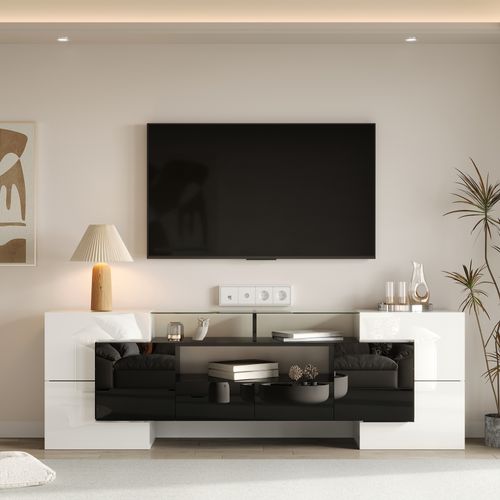 Meuble TV Bas 200 Cm Mdf Laqué Avec LED Et Surface En Verre Niche Ouverte Blanc Et Noir
