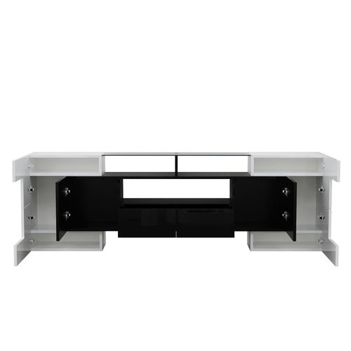 Meuble TV Bas 200 Cm Mdf Laqué Avec LED Et Surface En Verre Niche Ouverte Blanc Et Noir