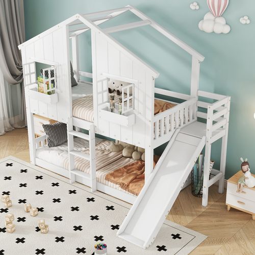 Lit Superposé 90x200cm Avec Toboggan, Toit Et Fenêtres, Échelle à Trois Niveaux, Blanc