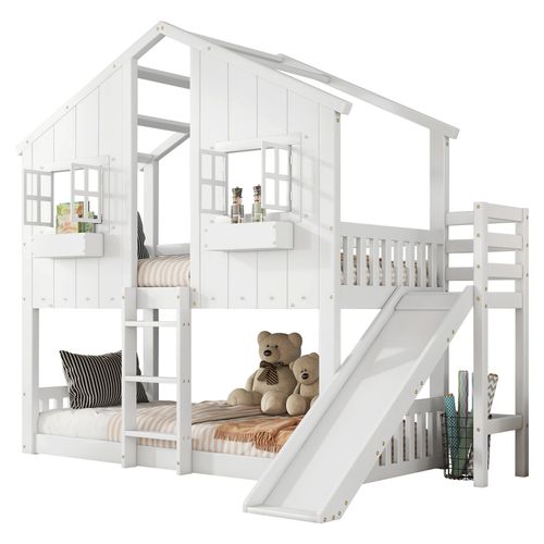 Lit Superposé 90x200cm Avec Toboggan, Toit Et Fenêtres, Échelle à Trois Niveaux, Blanc