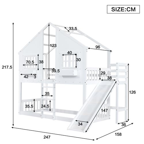 Lit Superposé 90x200cm Avec Toboggan, Toit Et Fenêtres, Échelle à Trois Niveaux, Blanc