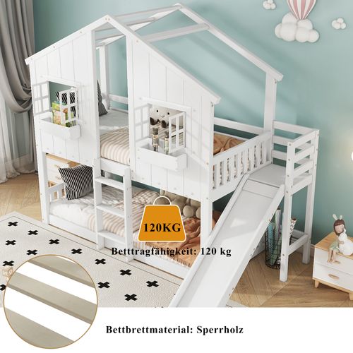 Lit Superposé 90x200cm Avec Toboggan, Toit Et Fenêtres, Échelle à Trois Niveaux, Blanc