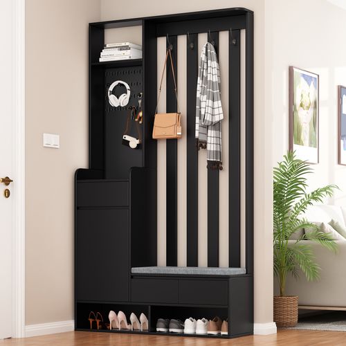 Garde-robe Avec Banc De Rangement Rembourré, 4 Crochets, Tableau Perforé, Noir, H180/b100/t35 Cm