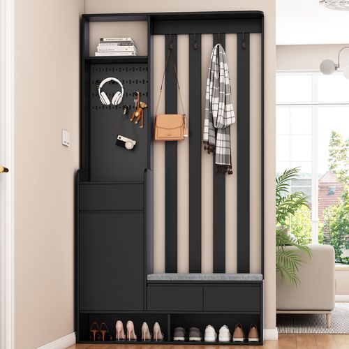 Garde-robe Avec Banc De Rangement Rembourré, 4 Crochets, Tableau Perforé, Noir, H180/b100/t35 Cm