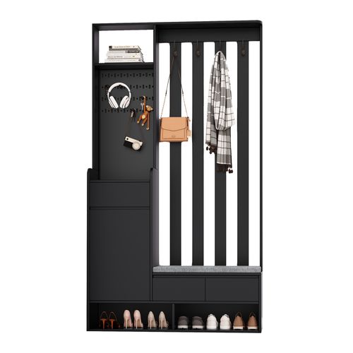 Garde-robe Avec Banc De Rangement Rembourré, 4 Crochets, Tableau Perforé, Noir, H180/b100/t35 Cm