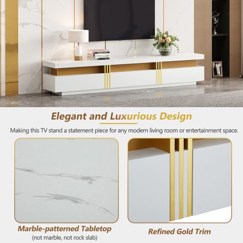Meuble TV Bas Aspect Marbre 200 X 40 X 42 Cm 3 Tiroirs Gestion Câbles Blanc Moderne