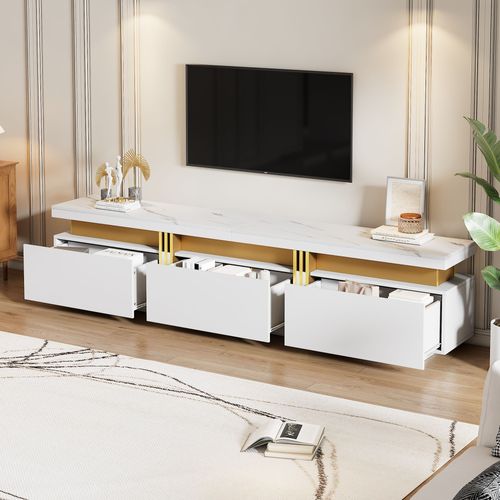 Meuble TV Bas Aspect Marbre 200 X 40 X 42 Cm 3 Tiroirs Gestion Câbles Blanc Moderne