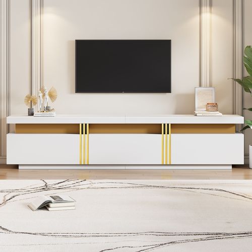 Meuble TV Bas Aspect Marbre 200 X 40 X 42 Cm 3 Tiroirs Gestion Câbles Blanc Moderne