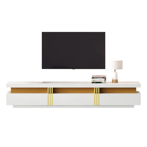 Meuble TV Bas Aspect Marbre 200 X 40 X 42 Cm 3 Tiroirs Gestion Câbles Blanc Moderne