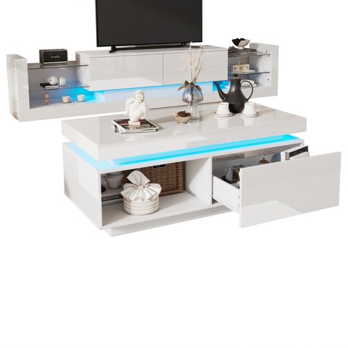Ensemble TV Mural Laqué Mdf Blanc Avec Table Basse Et Meuble TV LED Style Moderne
