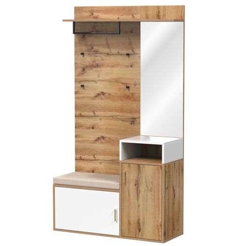 Ensemble Garde-robe Élégant Avec Miroir, Banc, Porte-chaussures, Porte-manteaux, Bois Et Blanc