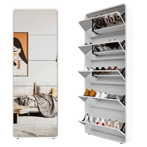 Armoire à Chaussures Miroir Avec 5 Tiroirs à Bascule, Organiseur Autonome Pour Entrée, Blanc