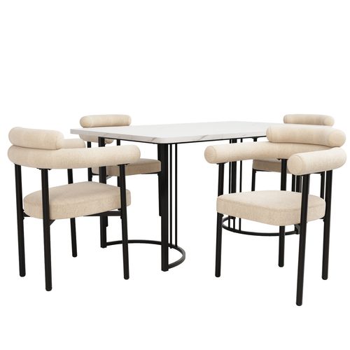 Ensemble Table Et Chaises (5 Pièces), Pieds Métalliques Design, 4 Chaises Simili Cuir Crème, Crème