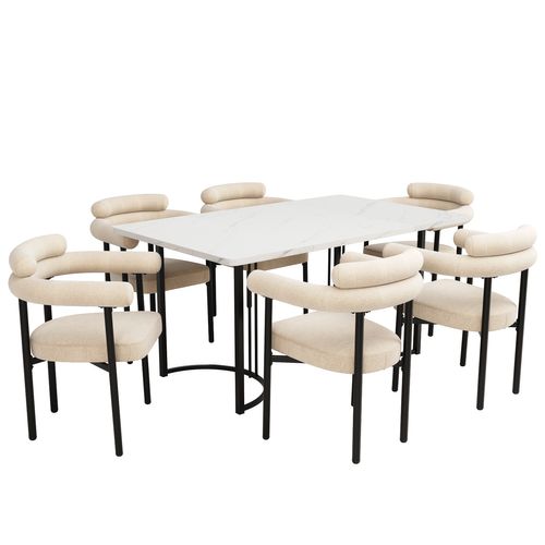 Ensemble Table Et Chaises (7 Pièces), Pieds Métalliques Design, 6 Chaises Simili Cuir Crème, Crème