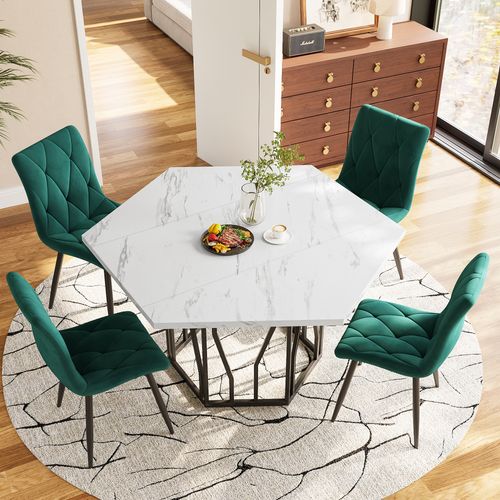 Ensemble Table Et Chaises (5 Pièces), Table Marbre Hexagonale, 4 Chaises Velours Vert, Vert
