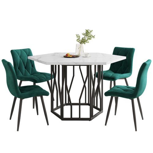 Ensemble Table Et Chaises (5 Pièces), Table Marbre Hexagonale, 4 Chaises Velours Vert, Vert