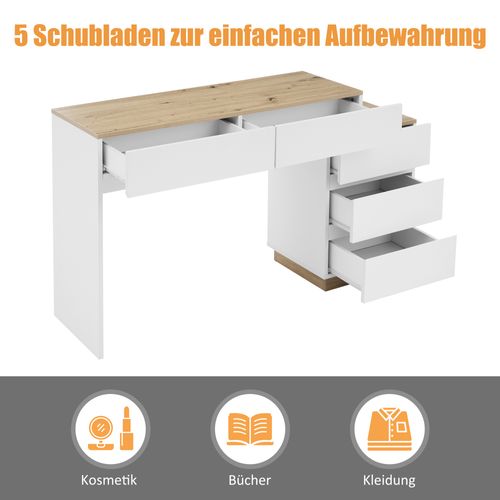 Coiffeuse Avec 5 Tiroirs, Panneau E1, 110 Cm, Avec Espace De Rangement, Blanc Et Chêne