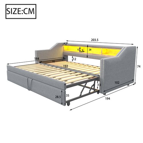 Lit Convertible 90/180 X 190 Cm, Rangement Multifonction, LED, USB, Sommier Gris Clair