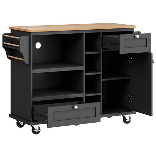 Chariot De Cuisine Mobile (129 X 46 X 92 Cm), Avec Tiroirs Et Rangement, Plateau Bois Clair, Noir