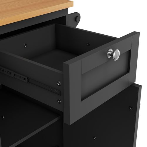 Chariot De Cuisine Mobile (129 X 46 X 92 Cm), Avec Tiroirs Et Rangement, Plateau Bois Clair, Noir