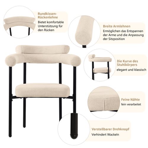 Lot De 6 Chaises Modernes En Similicuir Suédé à Assise Ronde Confortable Pour Salon Ou Bureau, Crème