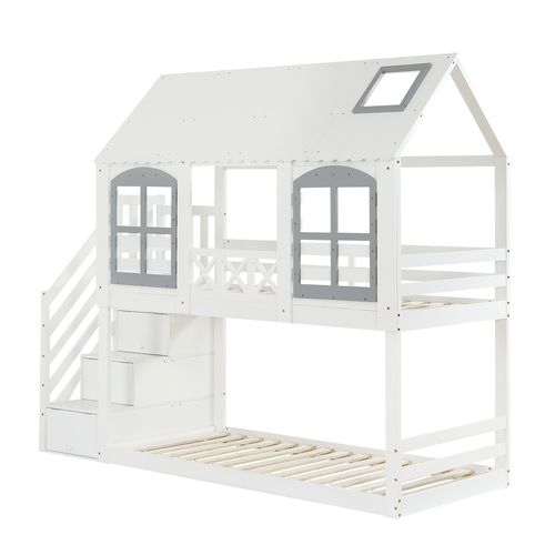 Lit Superposé 90x200cm Avec Toit, Fenêtres Et Protection, Étagère Dans L'escalier, Blanc Et Gris