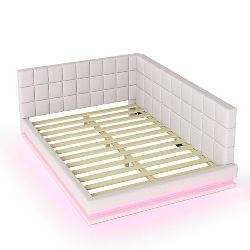 Lit Capitonné Convertible 140*200 Cm, LED, USB, Sommier à Lattes, Velours Beige