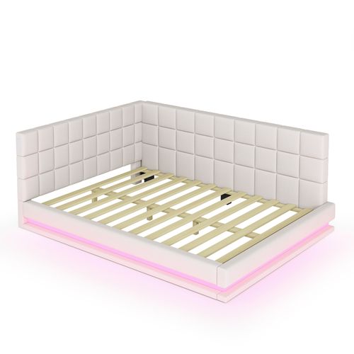 Lit Capitonné Convertible 140*200 Cm, LED, USB, Sommier à Lattes, Velours Beige