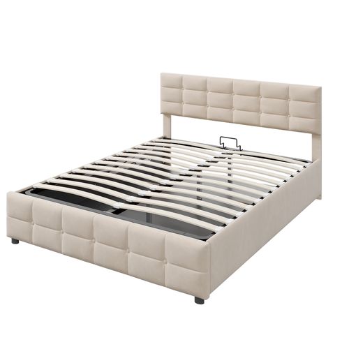 Lit Rembourré En Velours 180 X 200 Cm, Cadre à Lattes Hydraulique, Style Hollandais, Beige